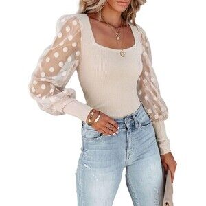 miduo Women’s S Square Neck Polka Dot Balloon Long Sleeve Top Slim Knit Ribbed